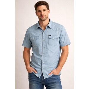 Southern Thread Chambray Blue Denim Short Sleeve Western Pearl Snap Shirt‎ L